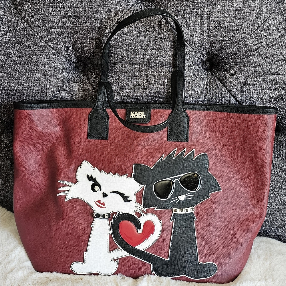 Karl Lagerfeld Choupette Tote Bag Saffiano Red Large Cat Purse EUC